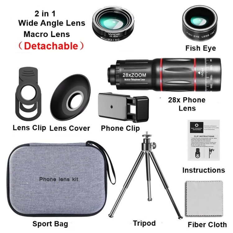 Mobile Phone Universal Lens Telescope 28X + Wide Angle 0.6X + Macro 20X + Fisheye 198 Degree Set, Multi-combination Set - HoMEdemic™ 