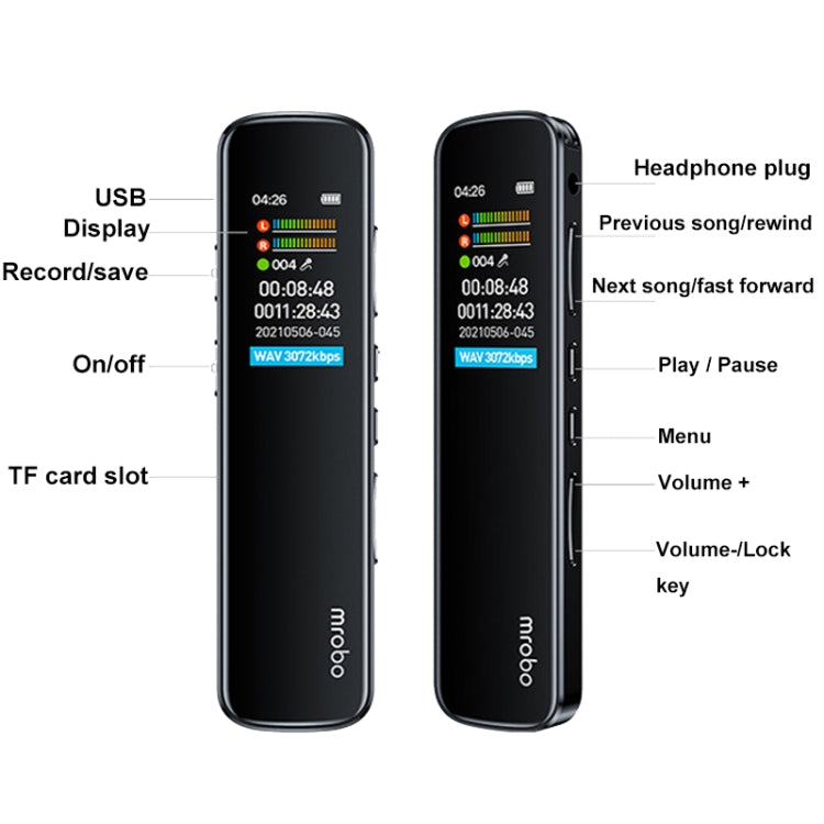 Mrobo RV-19 0.96-inch HD Screen 3D Noise Reduction Recording Pen Music Player, Capacity: 16 GB(Black) - HoMEdemic™ 