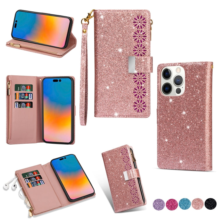 Multi-card Slots Laser Carving Glitter Zipper Leather Case, For iPhone 14, For iPhone 14 Max, For iPhone 14 Pro, For iPhone 14 Pro Max - HoMEdemic™ 