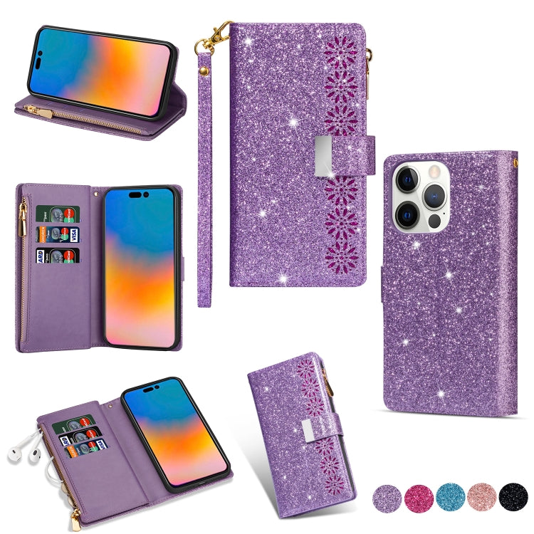 Multi-card Slots Laser Carving Glitter Zipper Leather Case, For iPhone 14, For iPhone 14 Max, For iPhone 14 Pro, For iPhone 14 Pro Max - HoMEdemic™ 