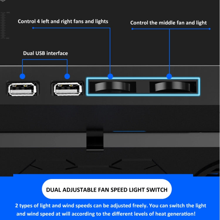 NUOXI 5 Fans Laptop Radiator Bracket Height Adjustable with Dual USB Ports(Black and Blue) - HoMEdemic™ 