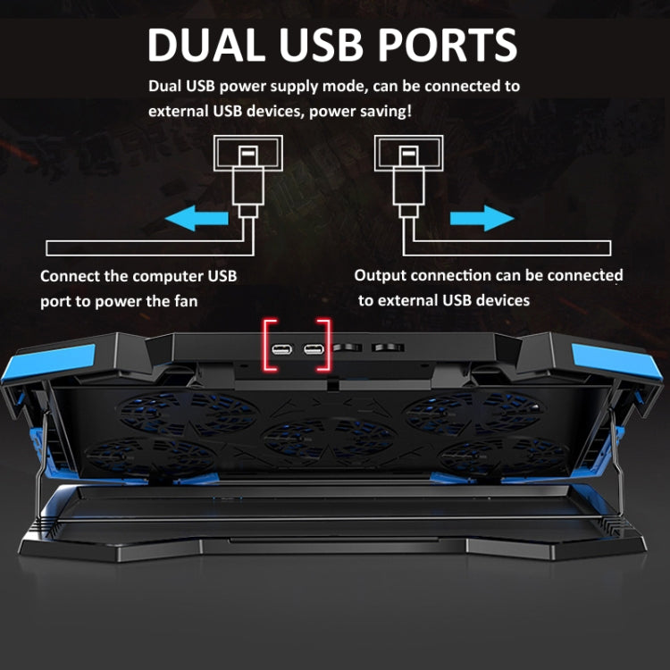 NUOXI 5 Fans Laptop Radiator Bracket Height Adjustable with Dual USB Ports(Black and Red) - HoMEdemic™ 