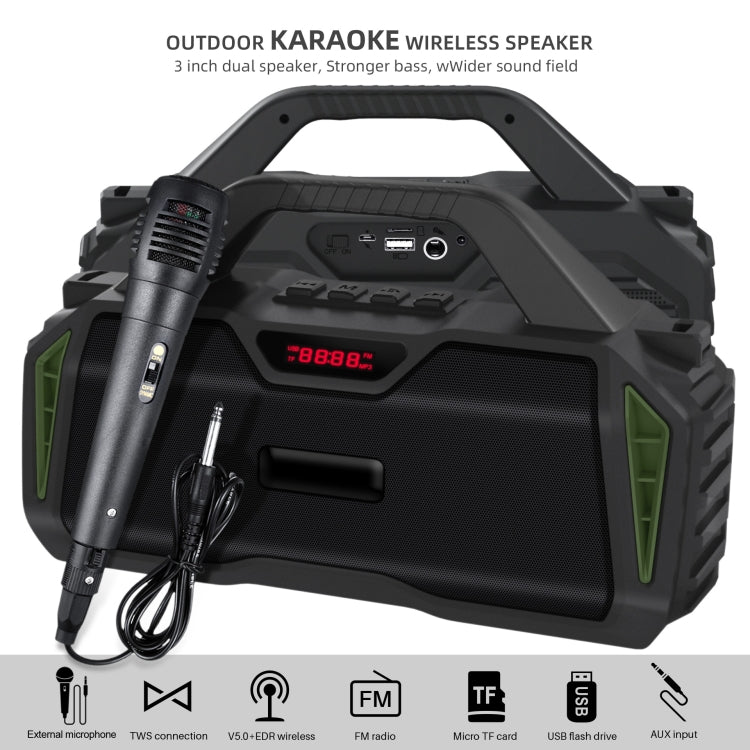 New Rixing NR-6011M Bluetooth 5.0 Portable Outdoor Karaoke Wireless Bluetooth Speaker with Microphone & Shoulder Strap(Green) - HoMEdemic™ 