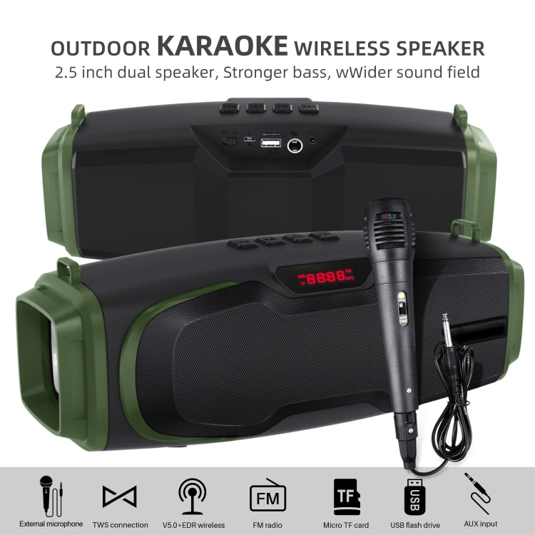 New Rixing NR-6012M Bluetooth 5.0 Portable Outdoor Karaoke Wireless Bluetooth Speaker with Microphone & Shoulder Strap(Green) - HoMEdemic™ 