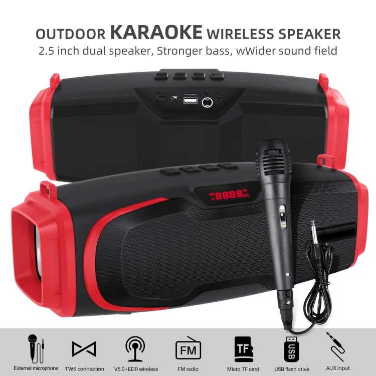 New Rixing NR-6012M Bluetooth 5.0 Portable Outdoor Karaoke Wireless Bluetooth Speaker with Microphone & Shoulder Strap(Red) - HoMEdemic™ 