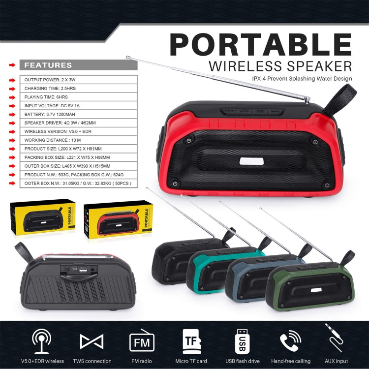 New Rixing NR-906FM TWS Waterproof Bluetooth Speaker Support Hands-free Call / FM with Handle & Antenna(Army Green) - HoMEdemic™ 