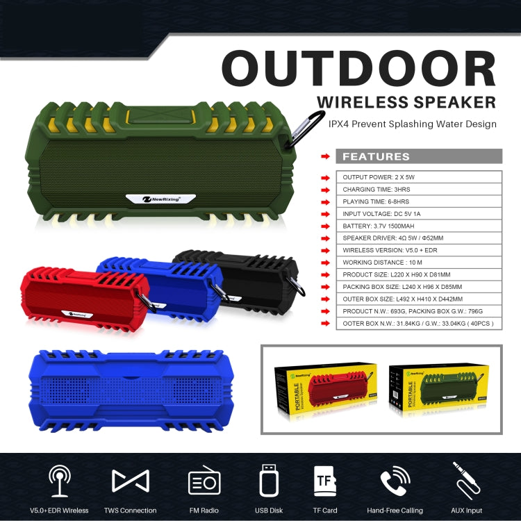 NewRixing NR-5015 Outdoor Portable Bluetooth Speakerr with Hook, Support Hands-free Call / TF Card / FM / U Disk(Black) - HoMEdemic™ 
