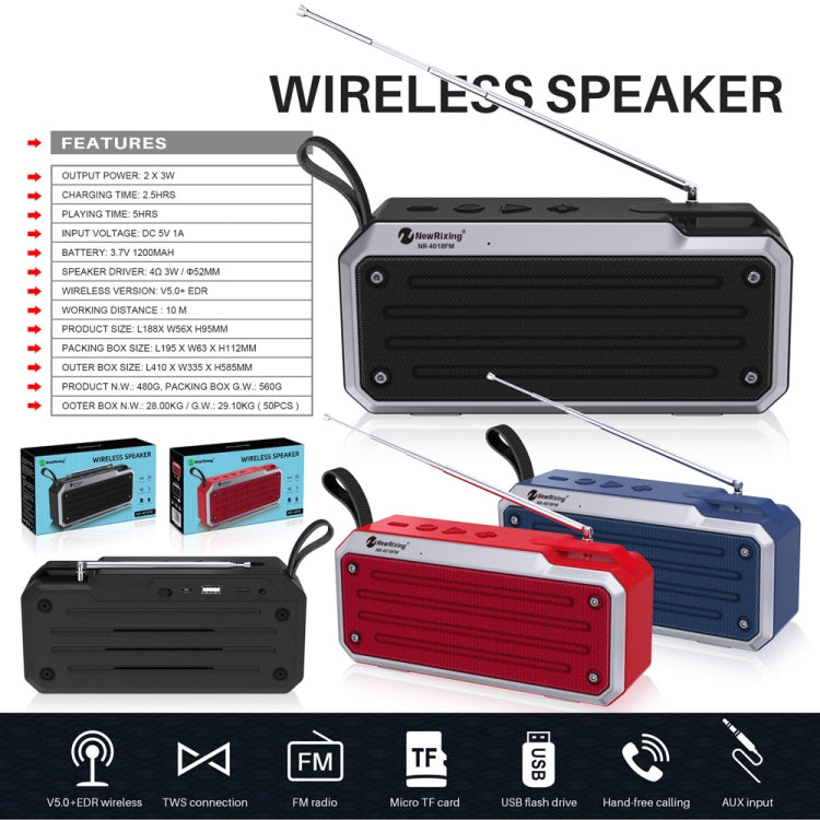 NewRixing NR4018FM TWS Portable Stereo Bluetooth Speaker, Support TF Card / FM / 3.5mm AUX / U Disk / Hands-free Call(Black) - HoMEdemic™ 
