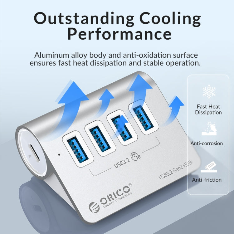 ORICO M3U4 Aluminum Alloy 4-Port USB 3.2 Gen1 10Gbps HUB (Silver) - HoMEdemic™ 