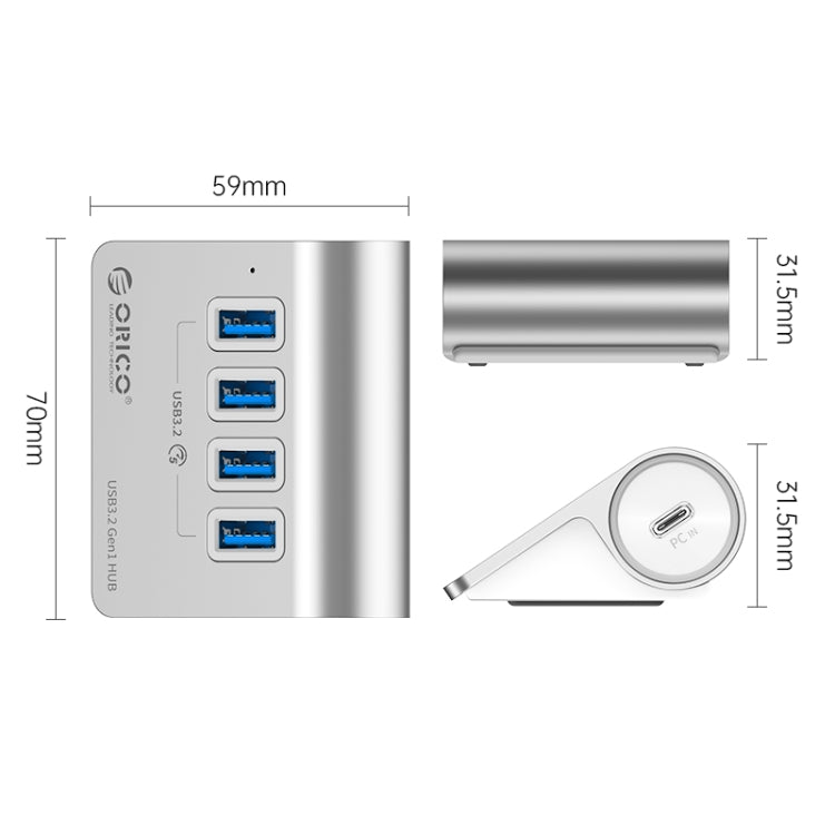 ORICO M3U4 Aluminum Alloy 4-Port USB 3.2 Gen1 5Gbps HUB (Silver) - HoMEdemic™ 