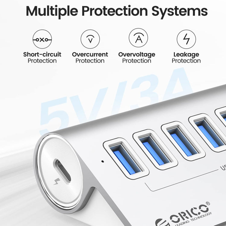 ORICO M3U7 Aluminum Alloy 7-Port USB 3.2 Gen1 5Gbps HUB with 1m Cable(Silver) - HoMEdemic™ 