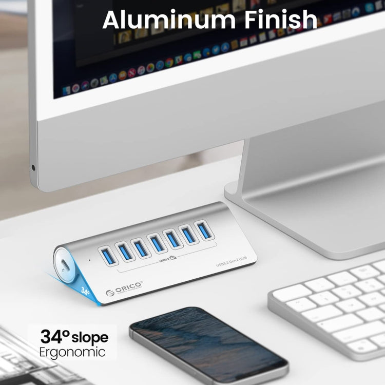 ORICO M3U7-G2 Aluminum Alloy 7-Port USB 3.2 Gen2 10Gbps HUB with 0.5m Cable (Silver) - HoMEdemic™ 