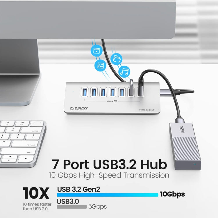 ORICO M3U7-G2 Aluminum Alloy 7-Port USB 3.2 Gen2 10Gbps HUB with 0.5m Cable (Silver) - HoMEdemic™ 