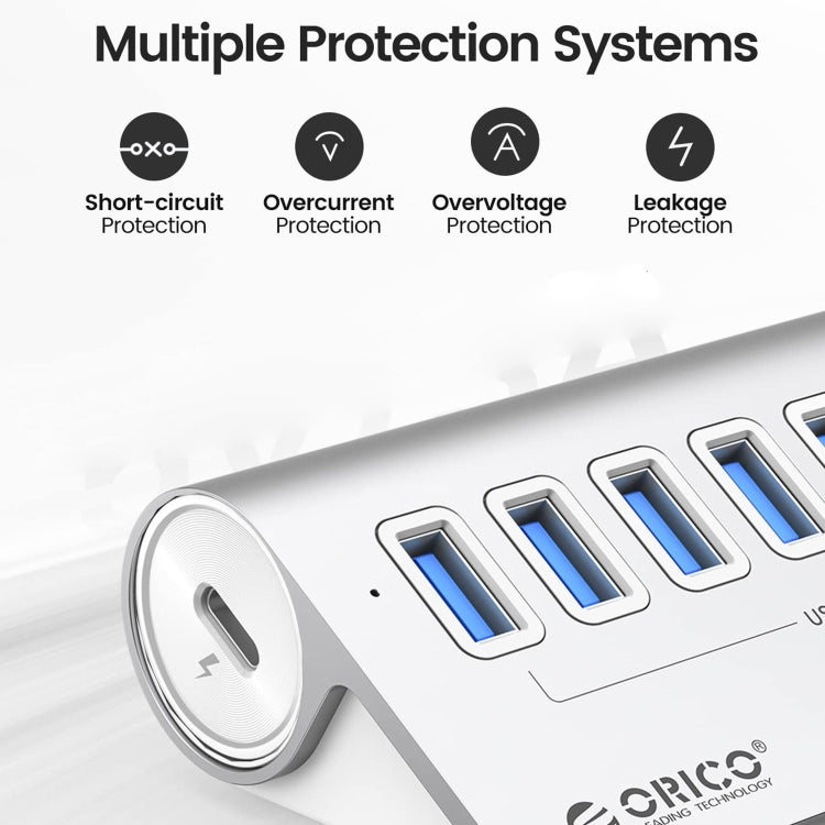 ORICO M3U7-G2 Aluminum Alloy 7-Port USB 3.2 Gen2 10Gbps HUB with 0.5m Cable (Silver) - HoMEdemic™ 