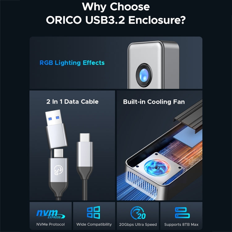ORICO OUM2-G20-GY-BP 20Gbps M.2 SSD Enclosure with Type-C+USB Cable - HoMEdemic™ 