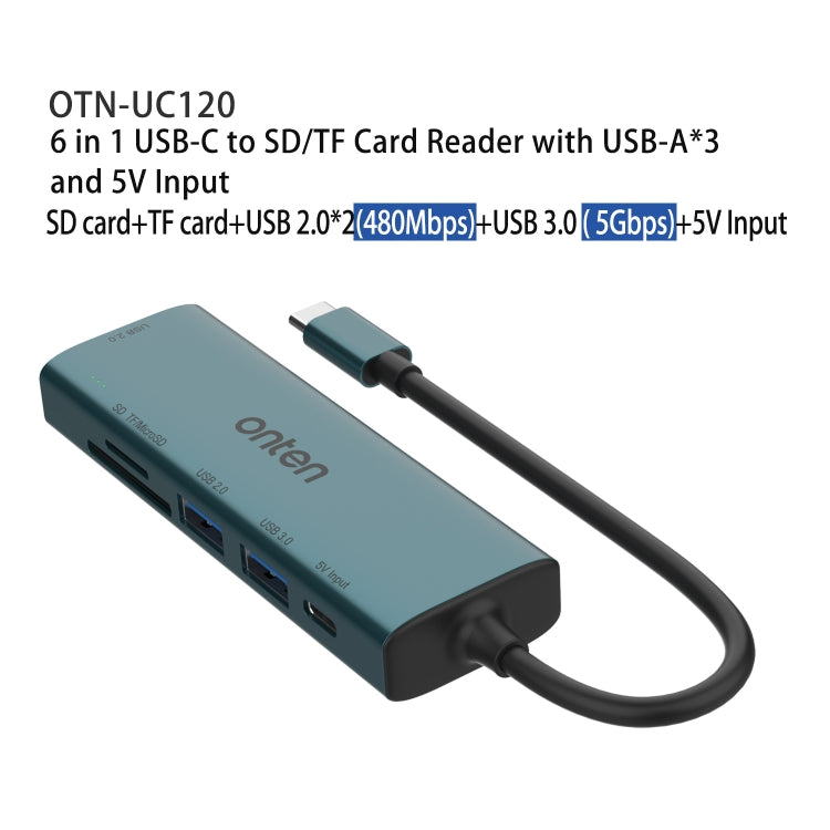 Onten UC120 6 in 1 USB-C to SD / TF Card Reader with 3-Ports USB HUB & 5V Input - HoMEdemic™ 