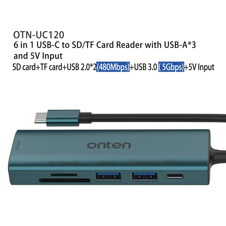 Onten UC120 6 in 1 USB-C to SD / TF Card Reader with 3-Ports USB HUB & 5V Input - HoMEdemic™ 