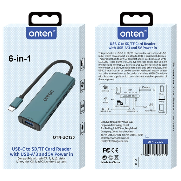 Onten UC120 6 in 1 USB-C to SD / TF Card Reader with 3-Ports USB HUB & 5V Input - HoMEdemic™ 