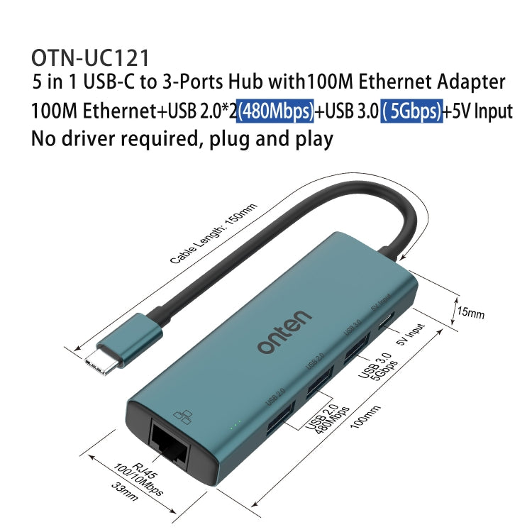 Onten UC121 5 in 1 USB-C / Type-C to USB 3.0 HUB with 5V Input & 100Mbps Network Card - HoMEdemic™ 