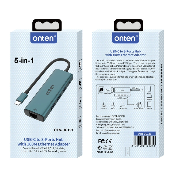 Onten UC121 5 in 1 USB-C / Type-C to USB 3.0 HUB with 5V Input & 100Mbps Network Card - HoMEdemic™ 