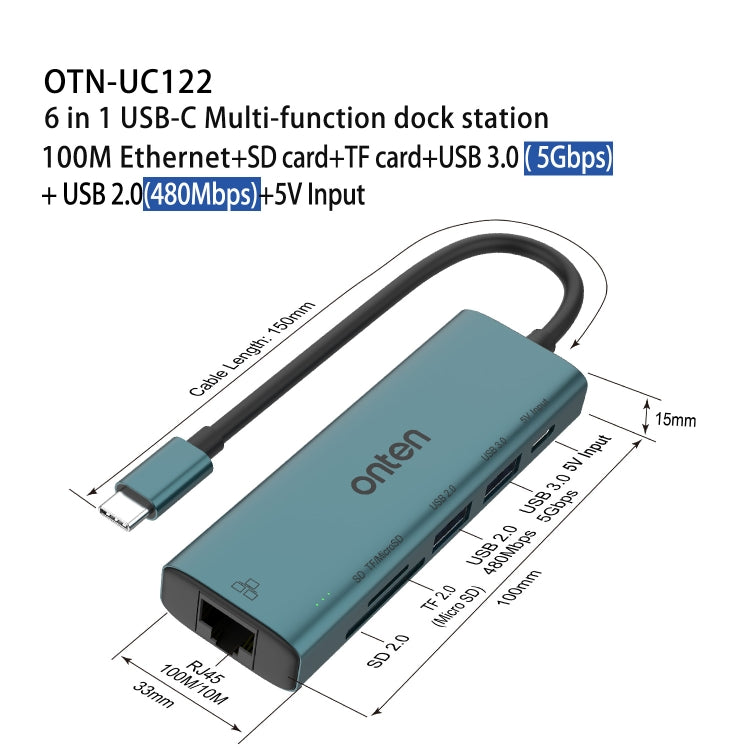 Onten UC122 6 in 1 USB-C / Type-C to SD + TF Card + USB 3.0 HUB with 5V Input & 100Mbps Network Card - HoMEdemic™ 