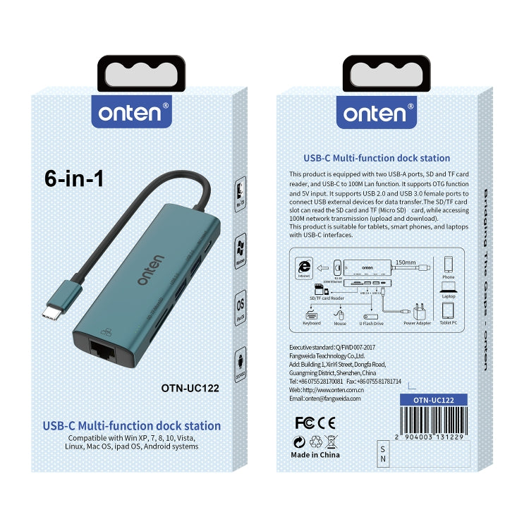 Onten UC122 6 in 1 USB-C / Type-C to SD + TF Card + USB 3.0 HUB with 5V Input & 100Mbps Network Card - HoMEdemic™ 