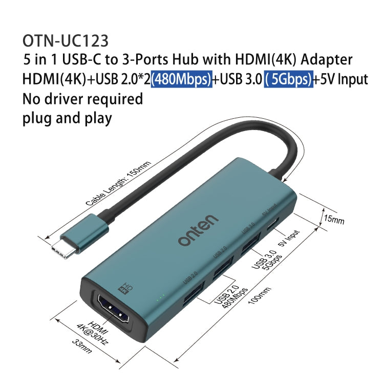 Onten UC123 5 in 1 USB-C / Type-C to HDMI + USB3.0 HUB Docking Station with 5V Input - HoMEdemic™ 