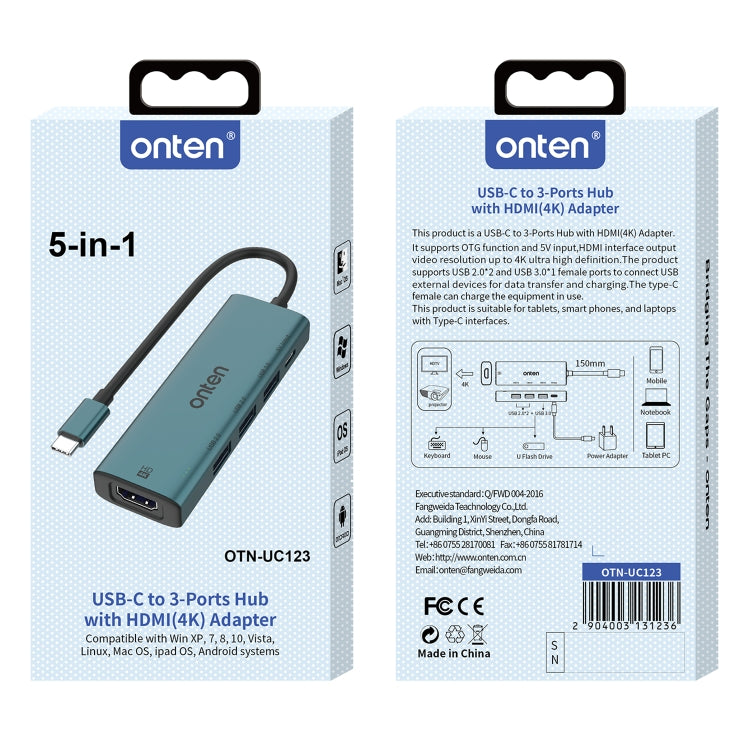 Onten UC123 5 in 1 USB-C / Type-C to HDMI + USB3.0 HUB Docking Station with 5V Input - HoMEdemic™ 