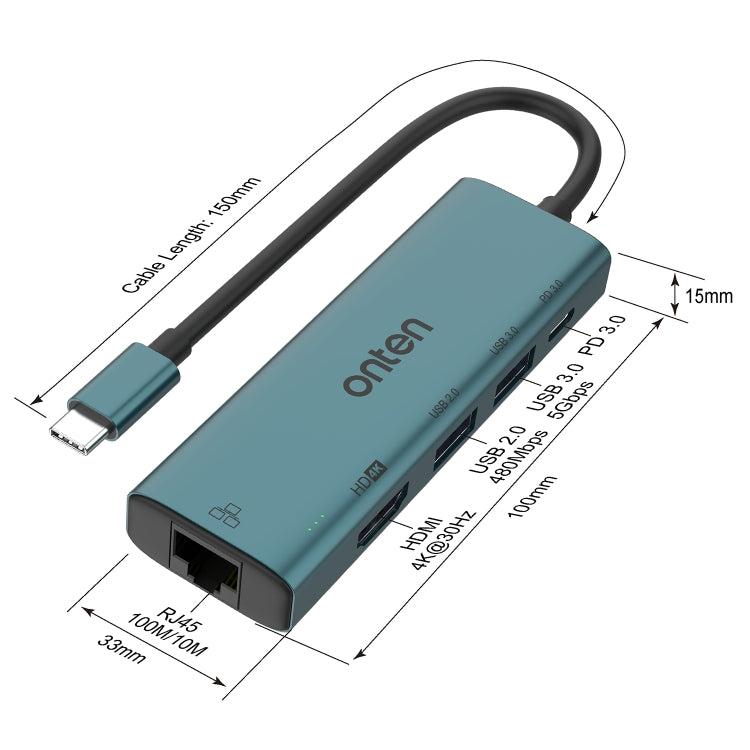 Onten UC125 5 in 1 USB-C / Type-C to HDMI+USB3.0+PD3.0 Multi-function HUB with 100Mbps Network Card - HoMEdemic™ 