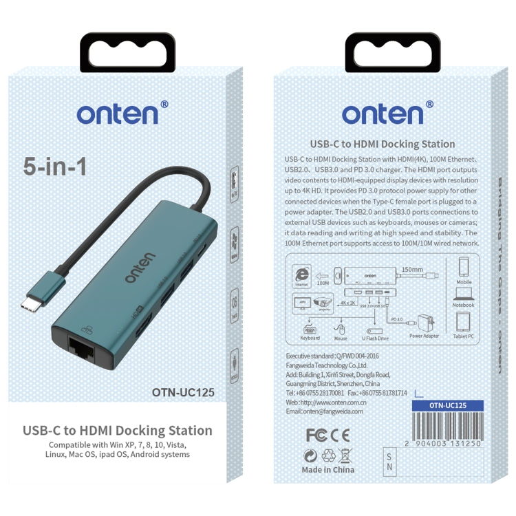 Onten UC125 5 in 1 USB-C / Type-C to HDMI+USB3.0+PD3.0 Multi-function HUB with 100Mbps Network Card - HoMEdemic™ 