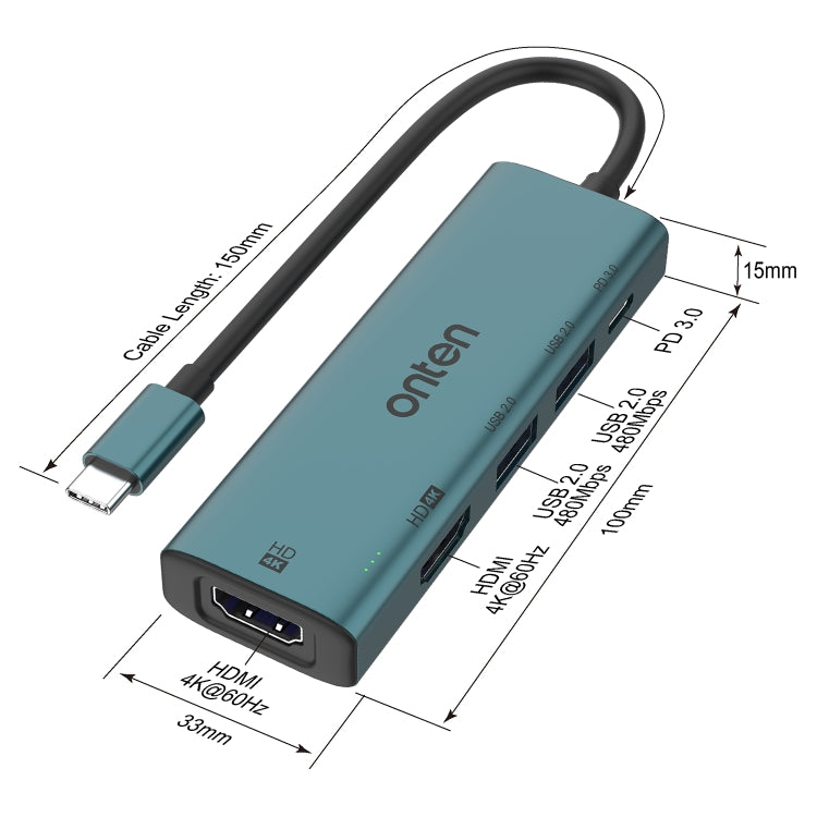 Onten UC126 5 in 1 USB-C / Type-C to Dual HDM I+ USB2.0 + PD3.0 Multi-function HUB Docking Station - HoMEdemic™ 