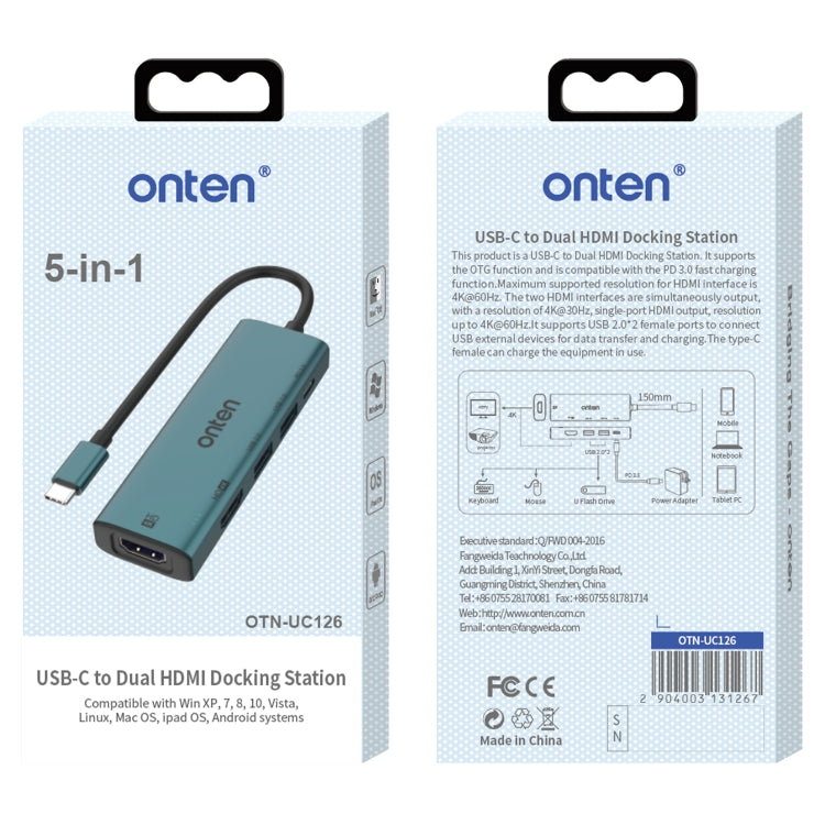 Onten UC126 5 in 1 USB-C / Type-C to Dual HDM I+ USB2.0 + PD3.0 Multi-function HUB Docking Station - HoMEdemic™ 