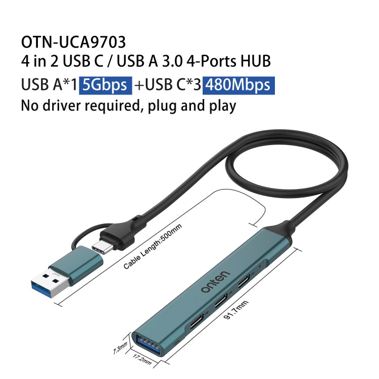 Onten UCA9703 4 in 2 USB 3.0 + Type-C to 3 Type-C + USB HUB Docking Station (Pine Needle Green) - HoMEdemic™ 