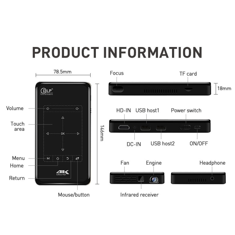 P09 Portable 4K Ultra HD DLP Mini Smart Projector with Infrared Remote Control, Amlogic S905X 4-Core A53 up to 1.5GHz Android 6.0, 1GB+8GB, Support 2.4G/5G WiFi, Bluetooth, TF Card - HoMEdemic™ 