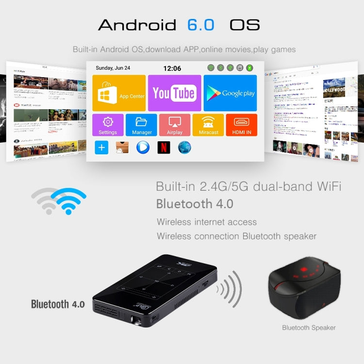P09 Portable 4K Ultra HD DLP Mini Smart Projector with Infrared Remote Control, Amlogic S905X 4-Core A53 up to 1.5GHz Android 6.0, 1GB+8GB, Support 2.4G/5G WiFi, Bluetooth, TF Card - HoMEdemic™ 