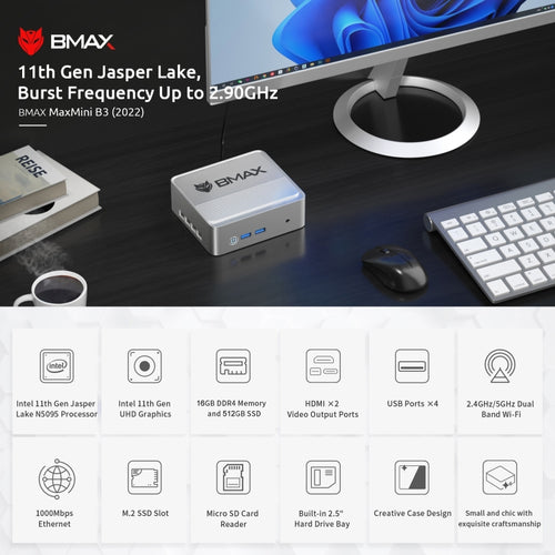 BMAX B3 Windows 11 Mini PC, 16GB+512GB, Intel Jasper Lake N5095, Support HDMI / RJ45 / TF Card, US Plug(Space Grey) - HoMEdemic™ 