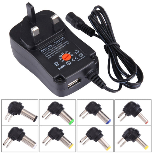 UK Plug Universal 30W Power Wall Plug-in Adapter with 5V 2.1A USB Port, Tips: 8 PCS, Cable Length: About 1.2m - HoMEdemic™ 