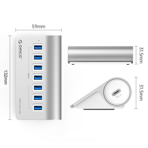 ORICO M3U7-G2 Aluminum Alloy 7-Port USB 3.2 Gen2 10Gbps HUB with 0.5m Cable (Silver) - HoMEdemic™ 