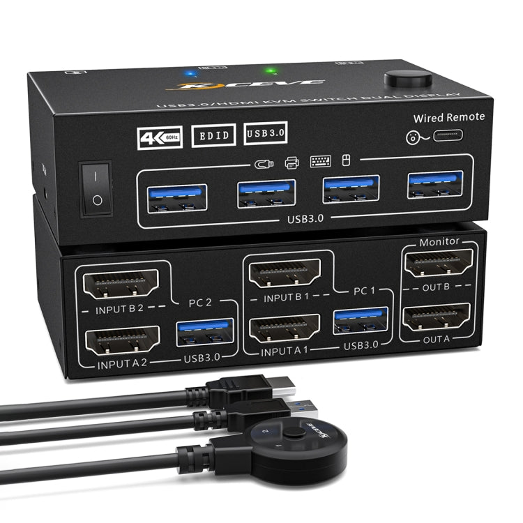 KC-KVM202AS 4K 60HZ USB3.0 HDMI Dual Display KVM Switcher Support EDID Analog Lock Screen - HoMEdemic™ 