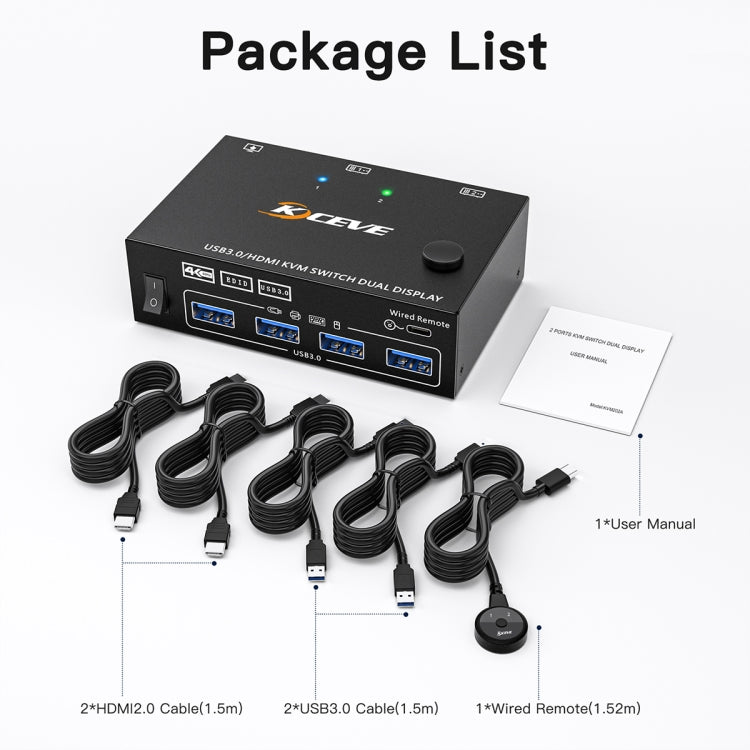KC-KVM202AS 4K 60HZ USB3.0 HDMI Dual Display KVM Switcher Support EDID Analog Lock Screen - HoMEdemic™ 