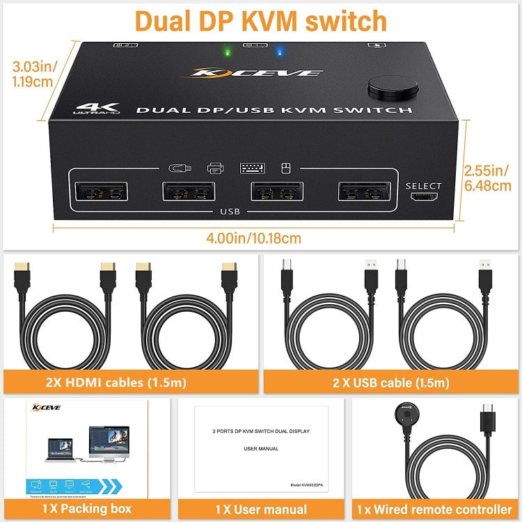 KC-KVM202DPA-USB2.0 DP 3DP+3DP KVM Switch (Black) - HoMEdemic™ 