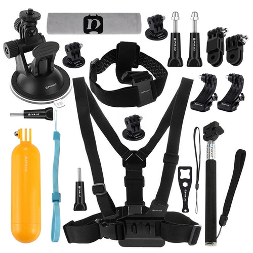 PULUZ 20 in 1 Accessories Combo Kits (Chest Strap + Head Strap + Suction Cup Mount + 3-Way Pivot Arm + J-Hook Buckles + Extendable Monopod + Tripod Adapter + Bobber Hand Grip + Storage Bag + Wrench) for GoPro, Insta360, DJI and Other Action Cameras - HoMEdemic™ 