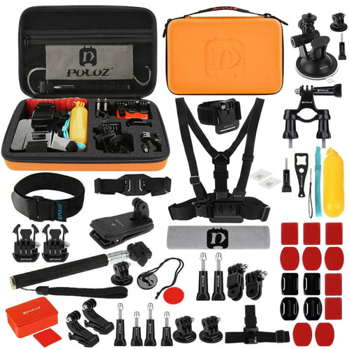 PULUZ 53 in 1 Accessories Total Ultimate Combo Kits with Orange EVA Case (Chest Strap + Suction Cup Mount + 3-Way Pivot Arms + J-Hook Buckle + Wrist Strap + Helmet Strap + Extendable Monopod + Surface ...  for GoPro, Insta360, DJI and Other Action Cameras - HoMEdemic™ 