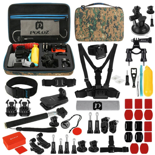 PULUZ 53 in 1 Accessories Total Ultimate Combo Kits with Camouflage EVA Case (Chest Strap + Suction Cup Mount + 3-Way Pivot Arms + J-Hook Buckle + Wrist Strap + Helmet Strap + Extendable Monopod + Sur ...  for GoPro, Insta360, DJI and Other Action Cameras - HoMEdemic™ 