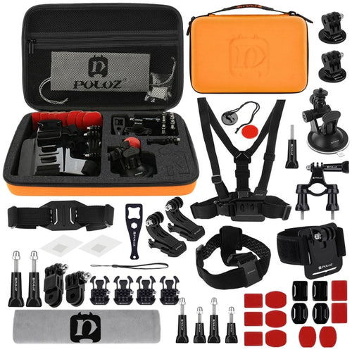 PULUZ 45 in 1 Accessories Ultimate Combo Kits with Orange EVA Case (Chest Strap + Suction Cup Mount + 3-Way Pivot Arms + J-Hook Buckle + Wrist Strap + Helmet Strap + Surface Mounts + Tripod Adapter +  ...  for GoPro, Insta360, DJI and Other Action Cameras - HoMEdemic™ 