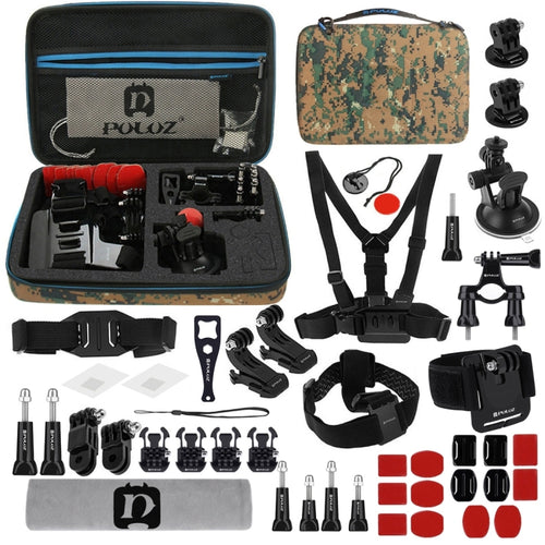 PULUZ 45 in 1 Accessories Ultimate Combo Kits with Camouflage EVA Case (Chest Strap + Suction Cup Mount + 3-Way Pivot Arms + J-Hook Buckle + Wrist Strap + Helmet Strap + Surface Mounts + Tripod Adapte ...  for GoPro, Insta360, DJI and Other Action Cameras - HoMEdemic™ 