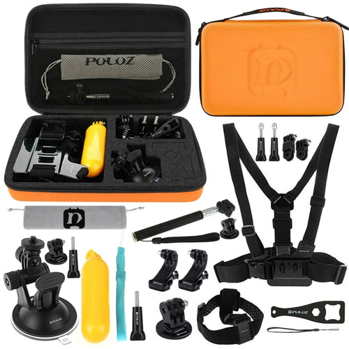 PULUZ 20 in 1 Accessories Combo Kits with Orange EVA Case (Chest Strap + Head Strap + Suction Cup Mount + 3-Way Pivot Arm + J-Hook Buckles + Extendable Monopod + Tripod Adapter + Bobber Hand Grip + St ...  for GoPro, Insta360, DJI and Other Action Cameras - HoMEdemic™ 