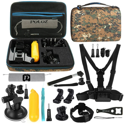 PULUZ 20 in 1 Accessories Combo Kit with Camouflage EVA Case (Chest Strap + Head Strap + Suction Cup Mount + 3-Way Pivot Arm + J-Hook Buckles + Extendable Monopod + Tripod Adapter + Bobber Hand Grip + ...  for GoPro, Insta360, DJI and Other Action Cameras - HoMEdemic™ 