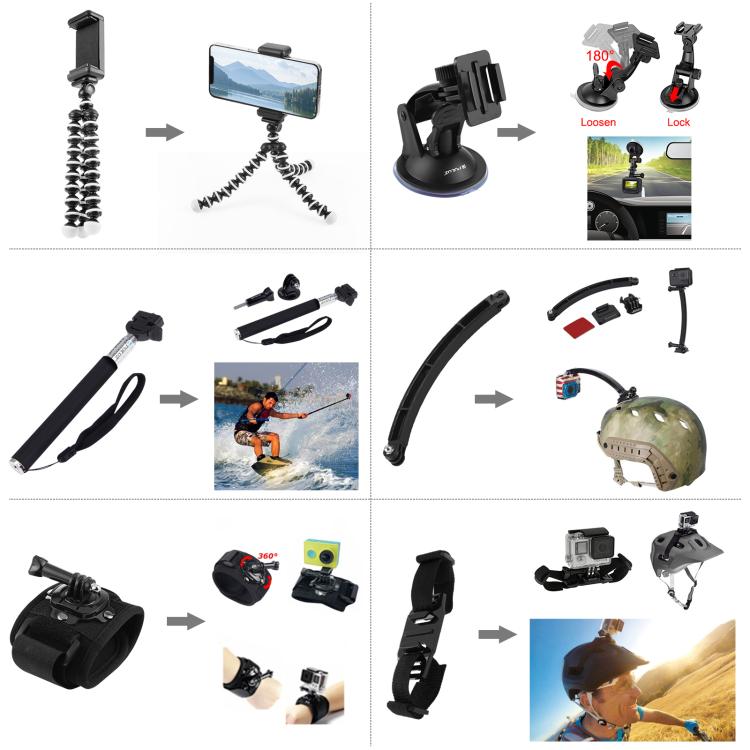 PULUZ 50 in 1 Accessories Total Ultimate Combo Kits with EVA Case (Chest Strap + Suction Cup Mount + 3-Way Pivot Arms + J-Hook Buckle + Wrist Strap + Helmet Strap + Extendable Monopod + Surface Mounts ...  for GoPro, Insta360, DJI and Other Action Cameras - HoMEdemic™ 