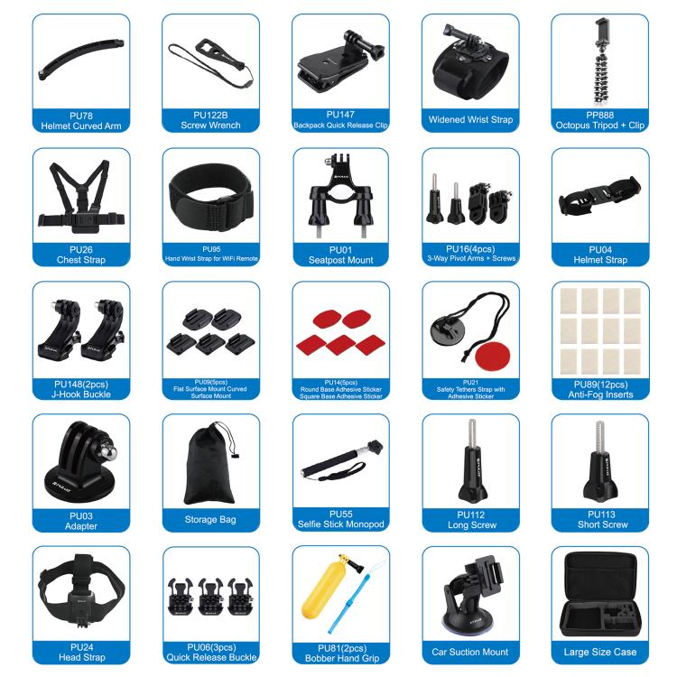 PULUZ 50 in 1 Accessories Total Ultimate Combo Kits with EVA Case (Chest Strap + Suction Cup Mount + 3-Way Pivot Arms + J-Hook Buckle + Wrist Strap + Helmet Strap + Extendable Monopod + Surface Mounts ...  for GoPro, Insta360, DJI and Other Action Cameras - HoMEdemic™ 